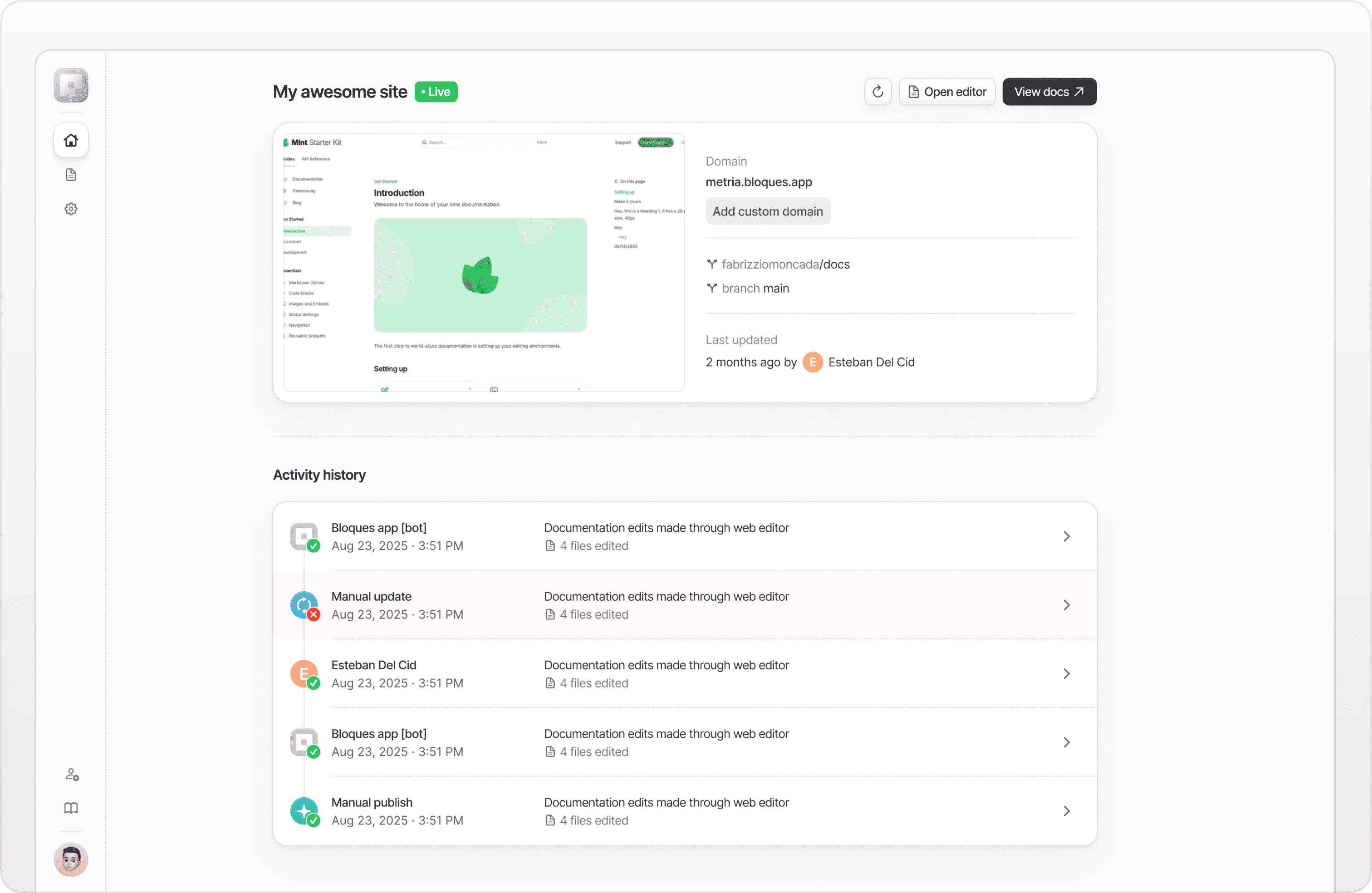 Bloques dashboard showing git-based documentation workflow with version control