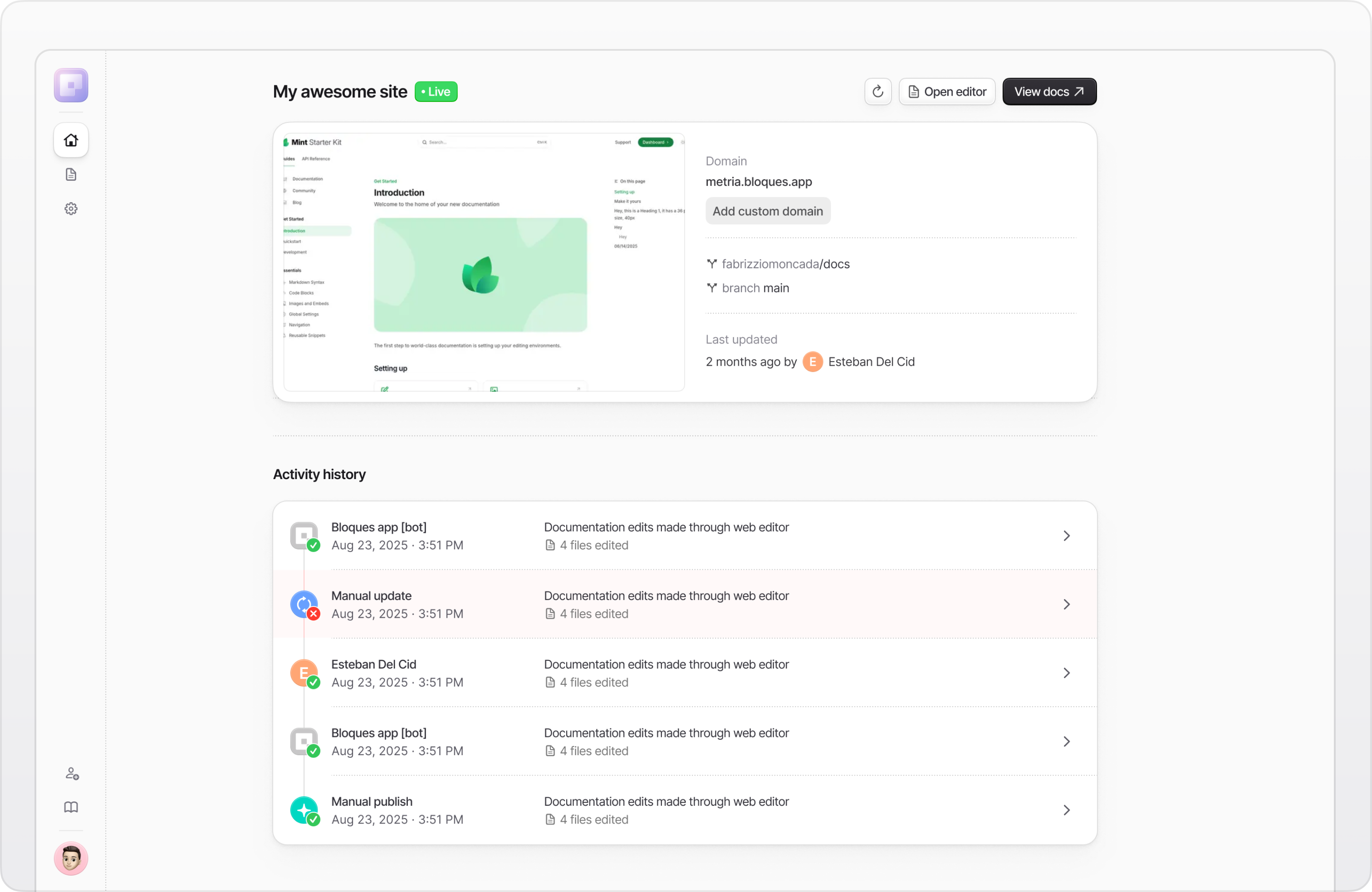 Bloques dashboard showing git-based documentation workflow with version control